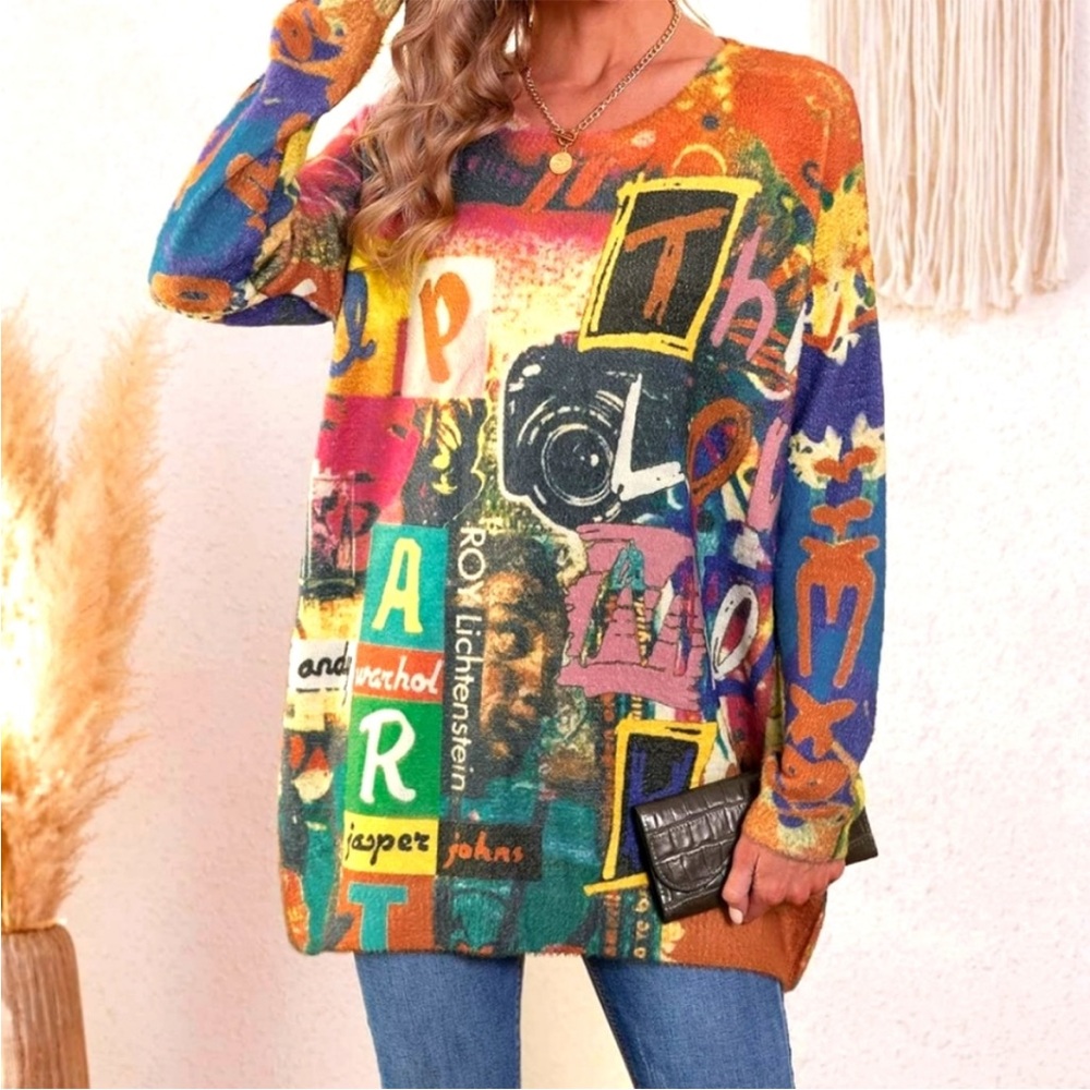 Casual Women's Long Sleeve Soft Knit Oversized Sweater Graphic Print Size S